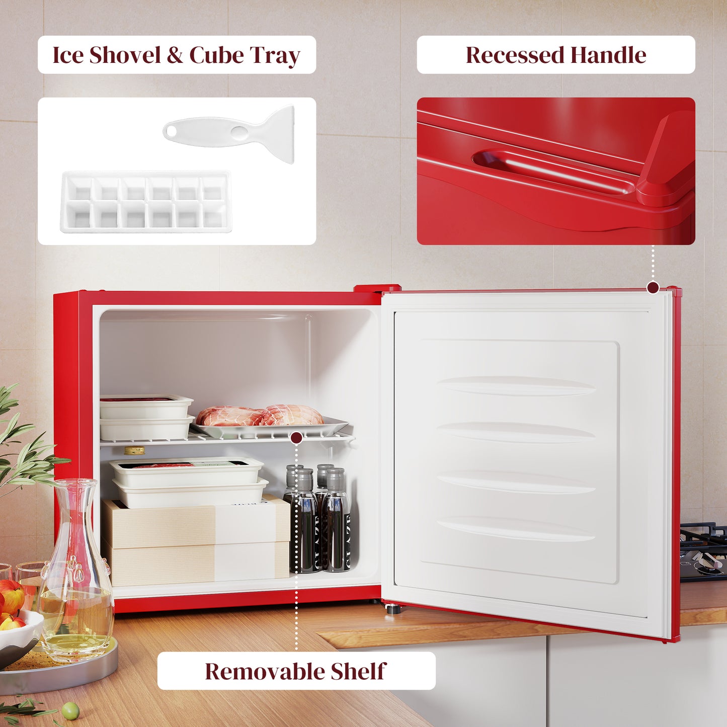 1.1 Cu Ft Compact Countertop Freezer - Red, Removable Shelves, Energy Efficient