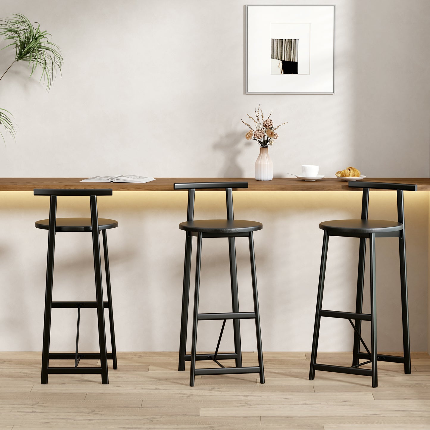 27" H Barstool Set of 3 Wooden Counter Stools with Footrest - Black