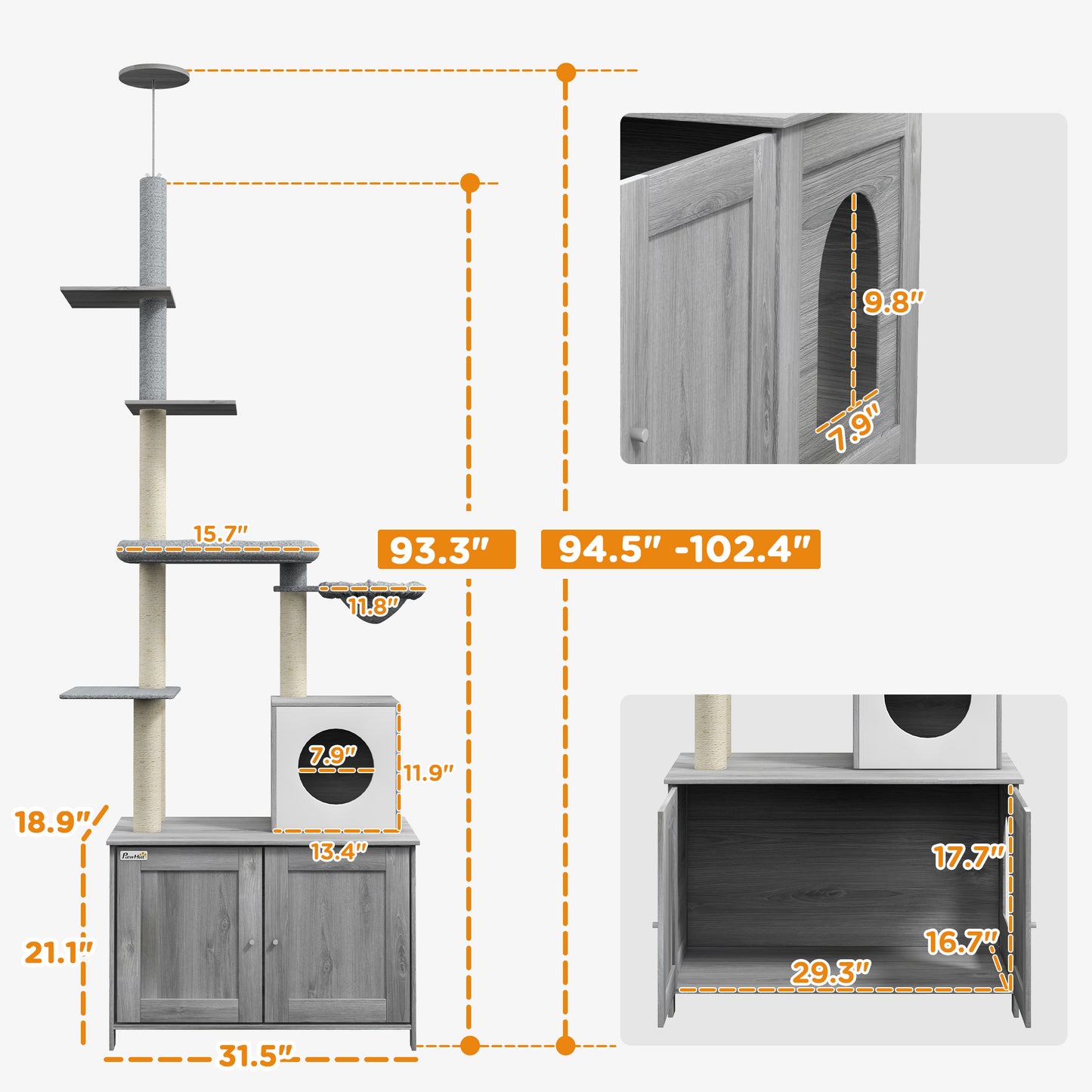 2-in-1 Cat Tree with Enclosed Litter Box, Condo, Hammock & Shelves - Gray