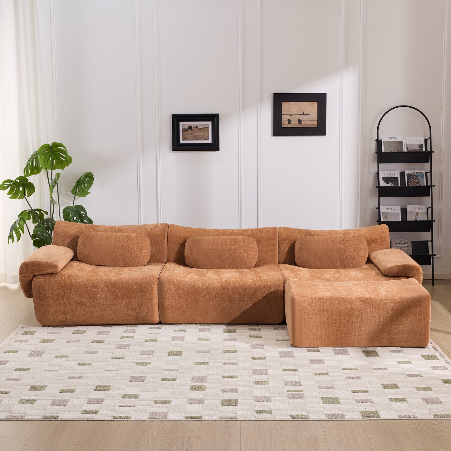 Modular Bamboo Joint Armchair - Extra-Large Chenille Sofa with 3 Pillows - Orange