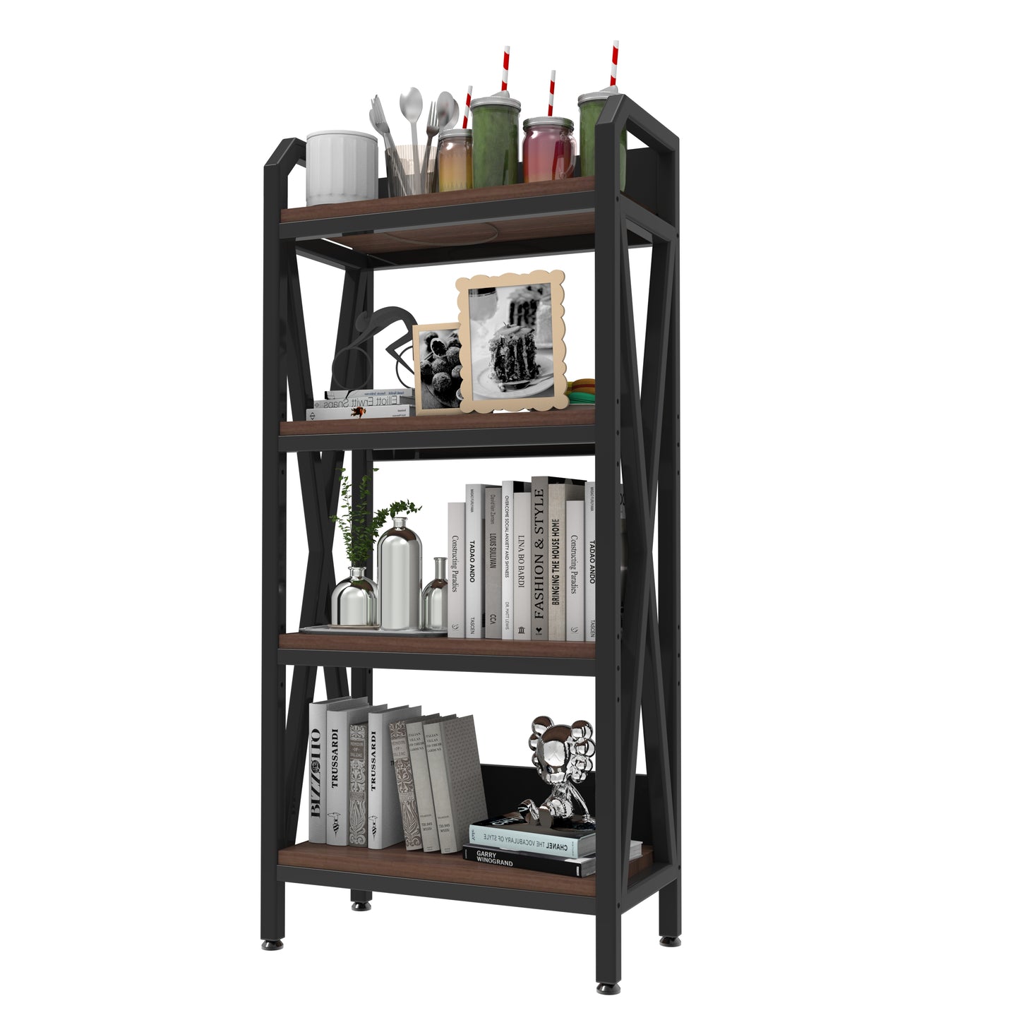 Black 56.3-Inch Metal & Wood Kitchen Storage Rack with 4 Adjustable Shelves