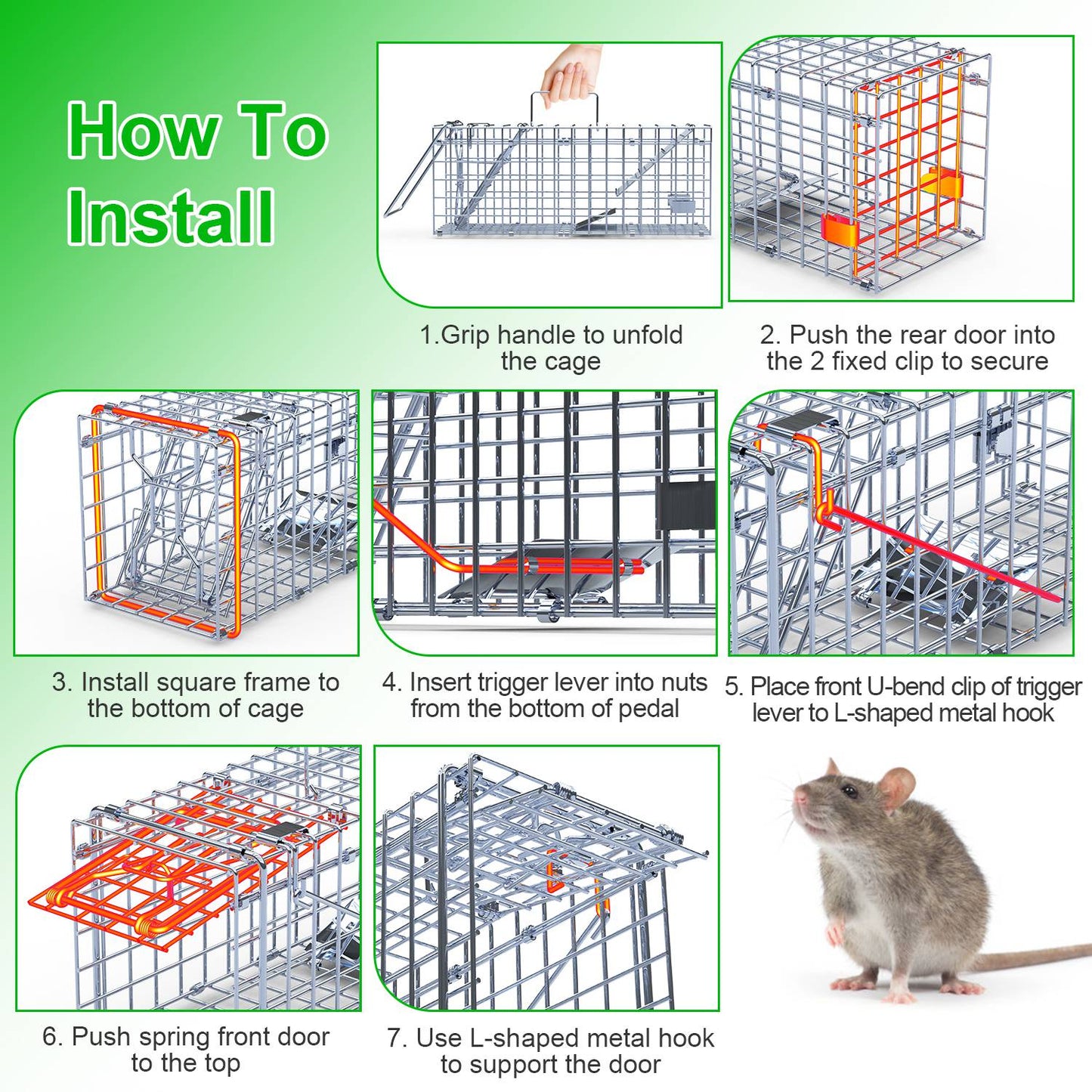2-Pack Humane Live Rodent Trap Cage with Detachable L-Shaped Rod - Garden & Pest Control