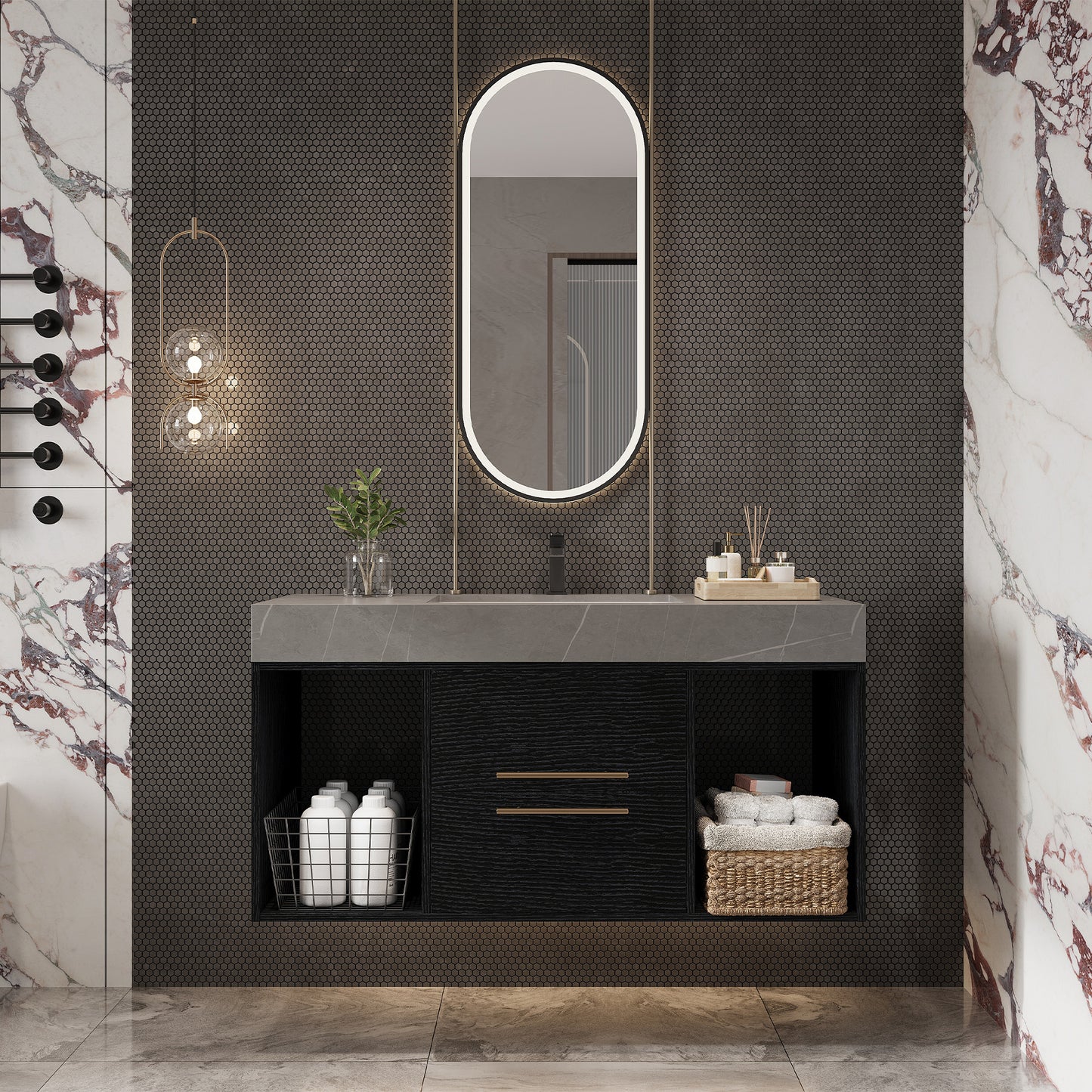 39.4-Inch Contemporary Floating Bathroom Vanity with Faux Marble Top and Ceramic Sink