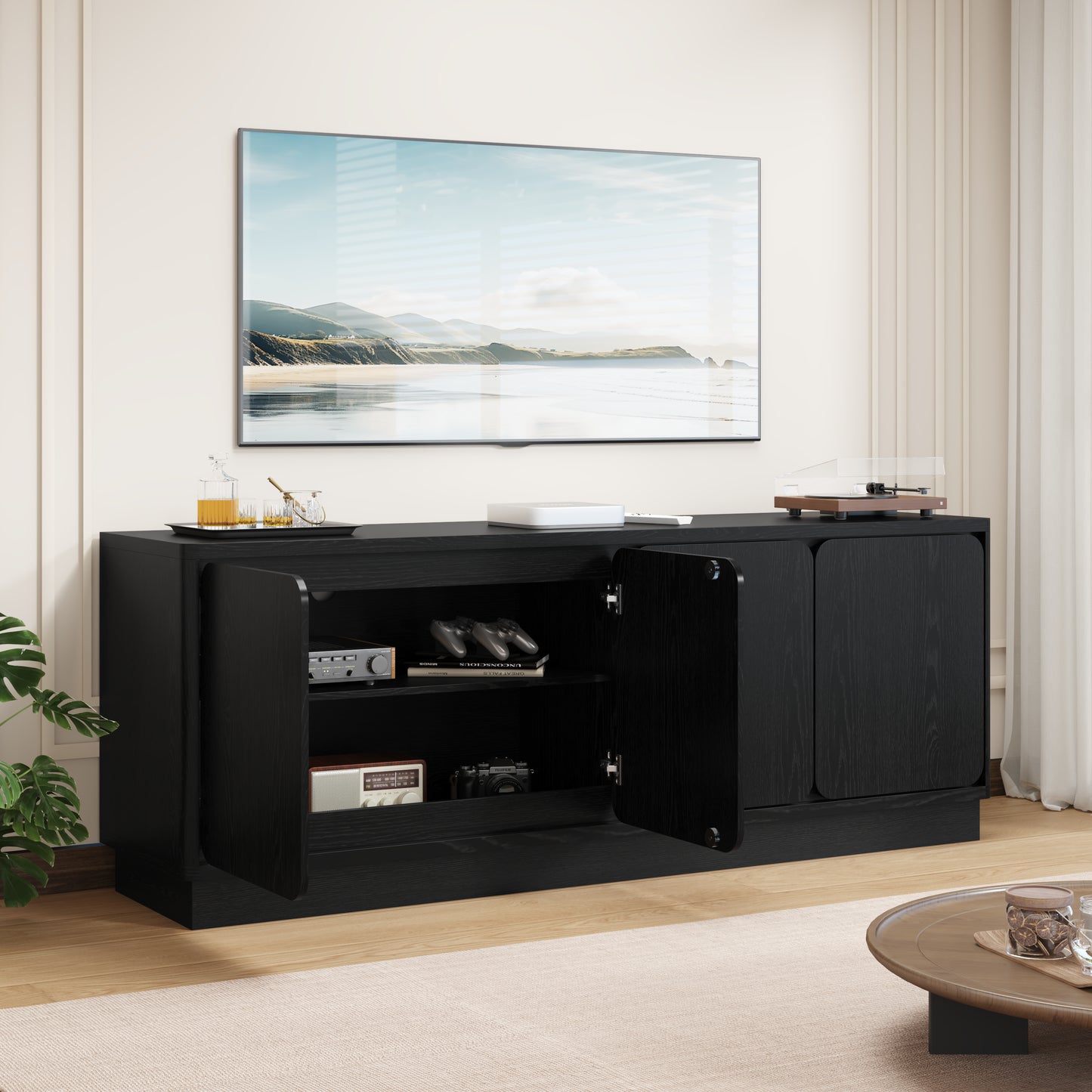 63 Inch Black TV Stand with 4 Storage Doors - Modern Media Console