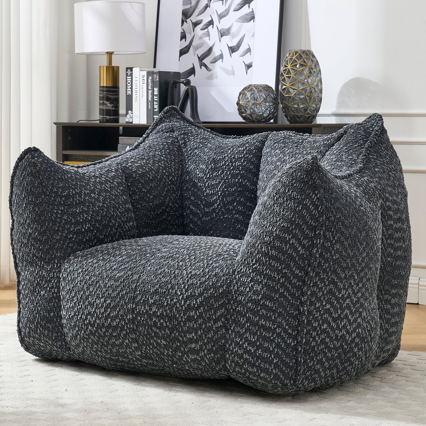 Comfortable Chenille Bean Bag Chair - Black Lazy Sofa