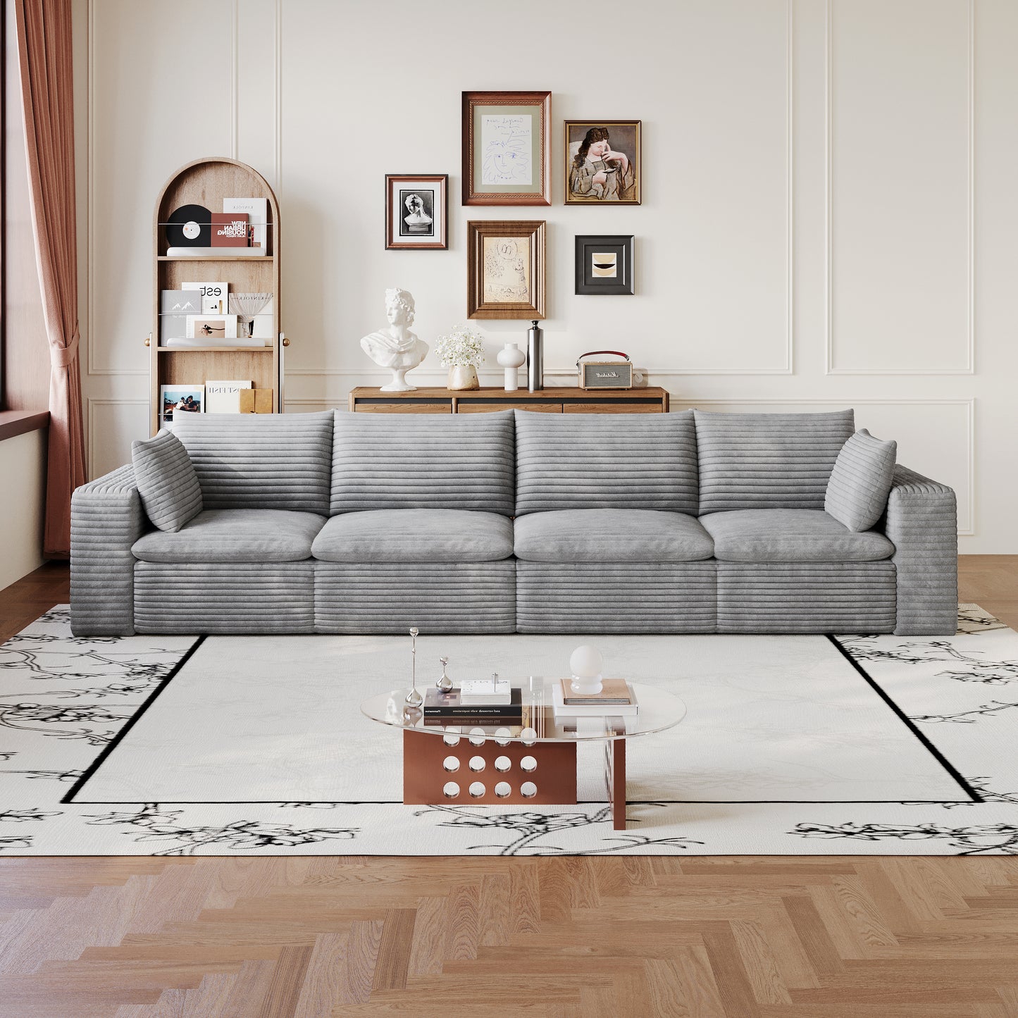 134" Cloud Sofa - Corduroy Fabric, Deep Seat, Removable Cushion, Grey