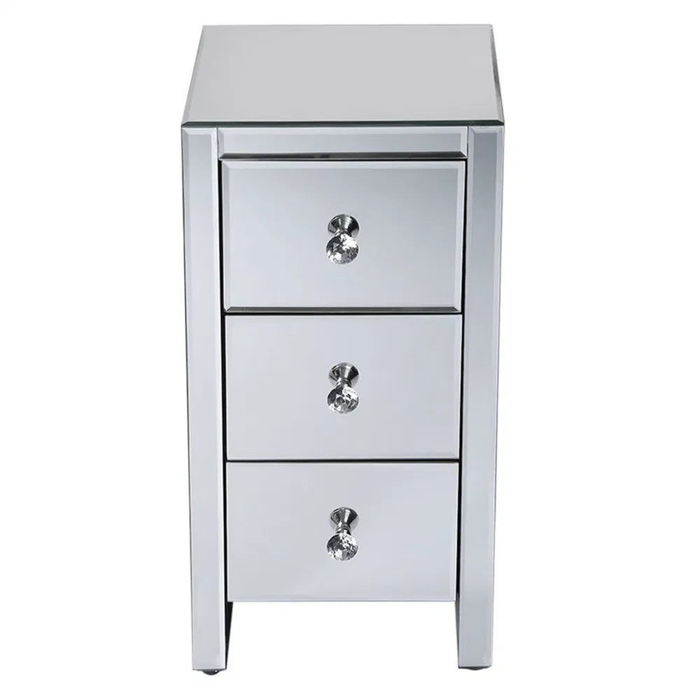Mirrored Glass Bedside Table with 3 Drawers - Small