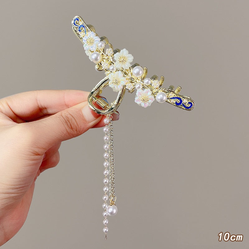 Antique Metal Hair Clip with Tassel & Pearl Detail