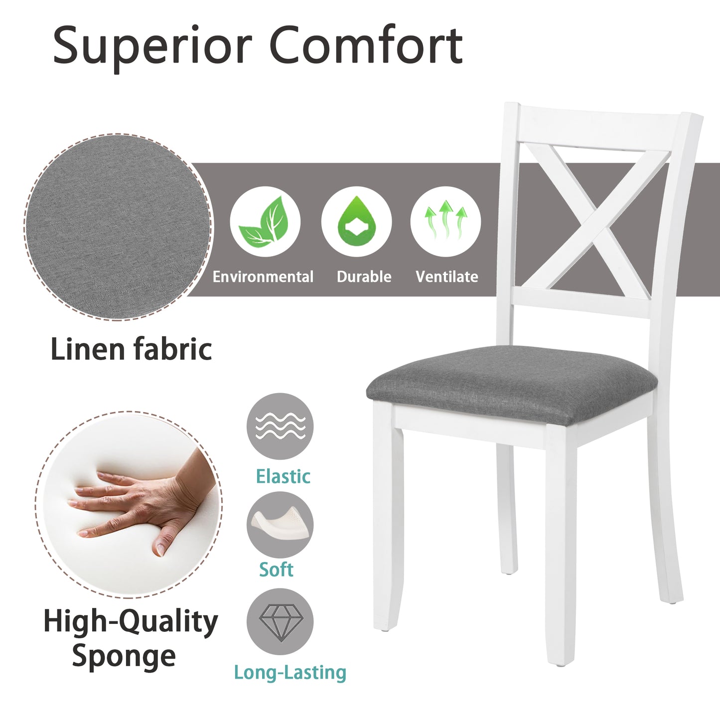 Wooden Dining Chairs Set of 4 with Padded Seats - Grey & White
