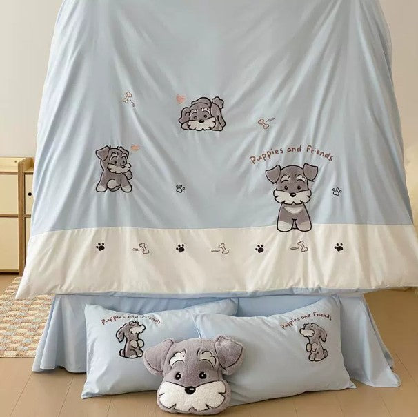 Cute Schnauzer Cotton Bedding Set - Embroidered Cartoon Bed Linen