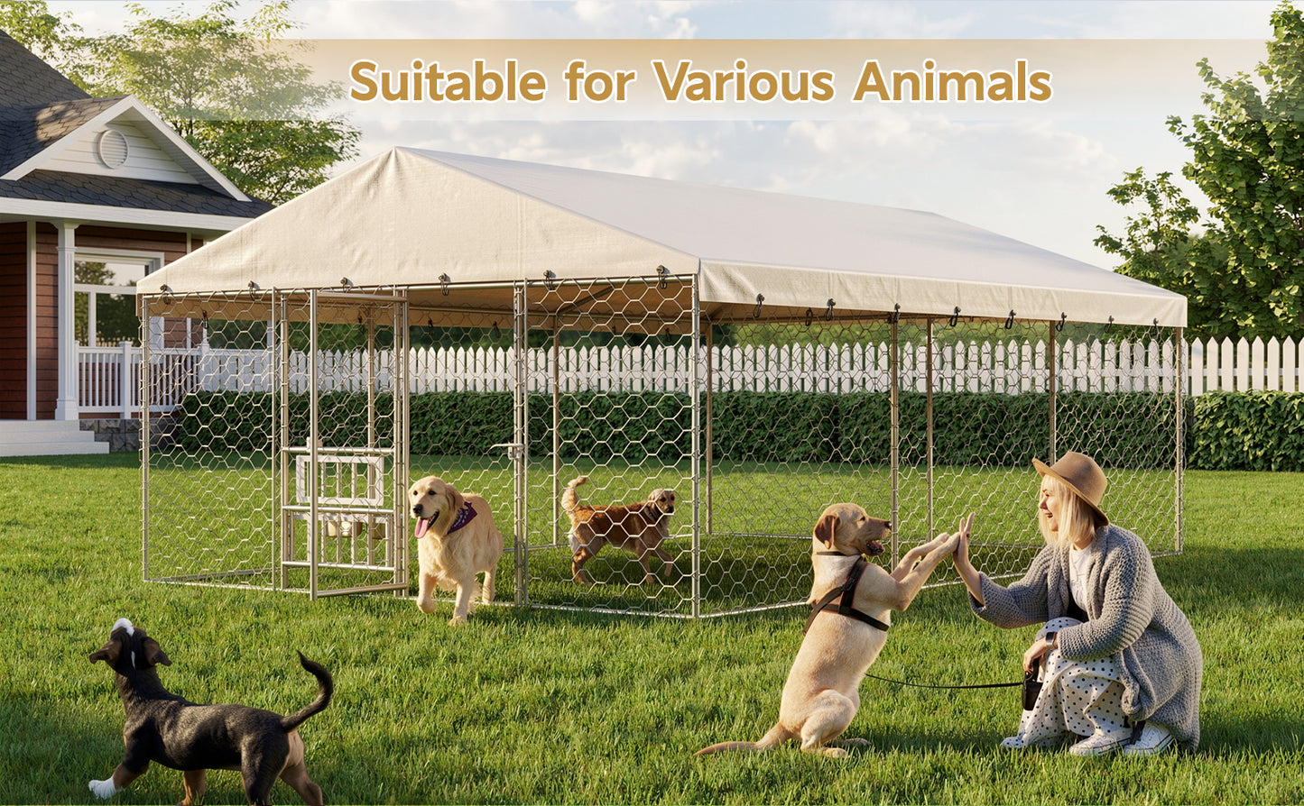 Large Outdoor Dog Kennel with Canopy - Heavy Duty Steel Frame, Waterproof Cover, Elevated Feeders, Escape-Proof Locking for Large Dogs