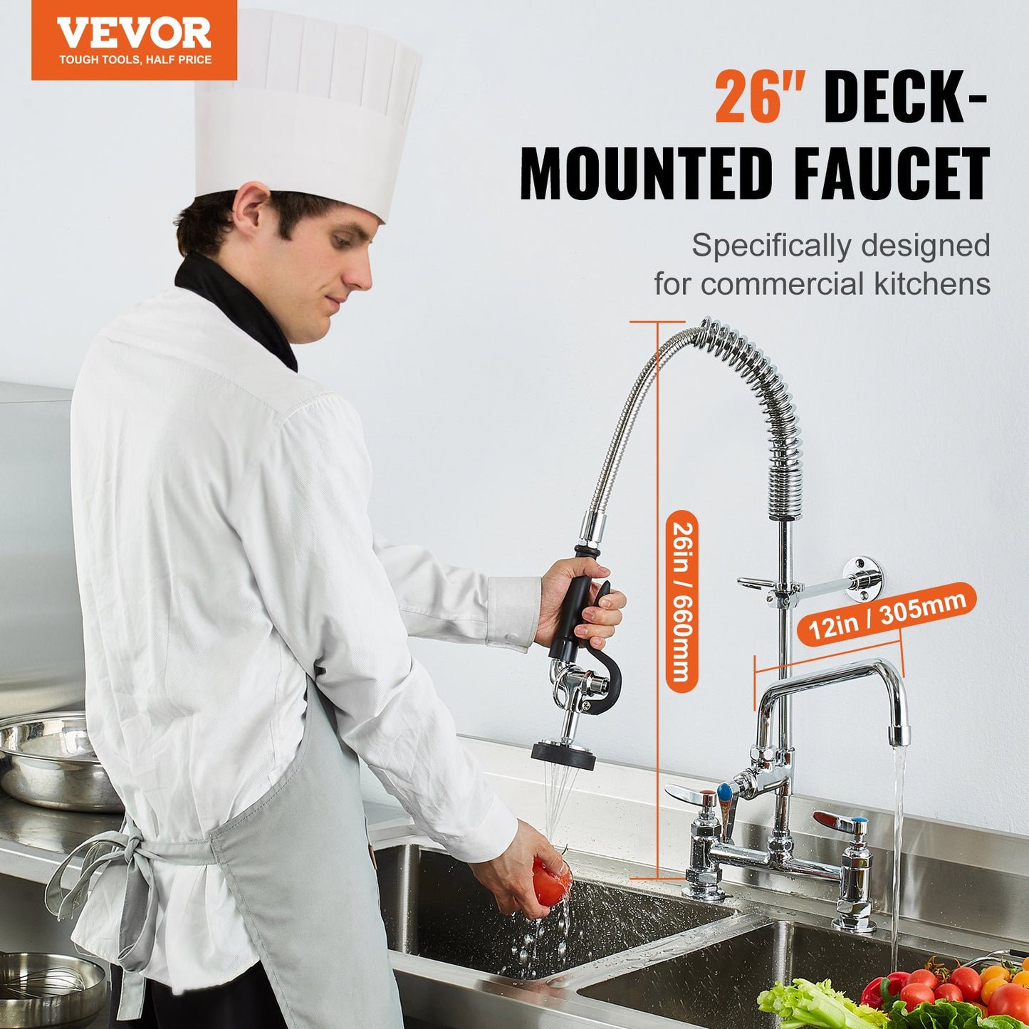 Deck-Mounted Commercial Kitchen Faucet with Pre-Rinse Sprayer