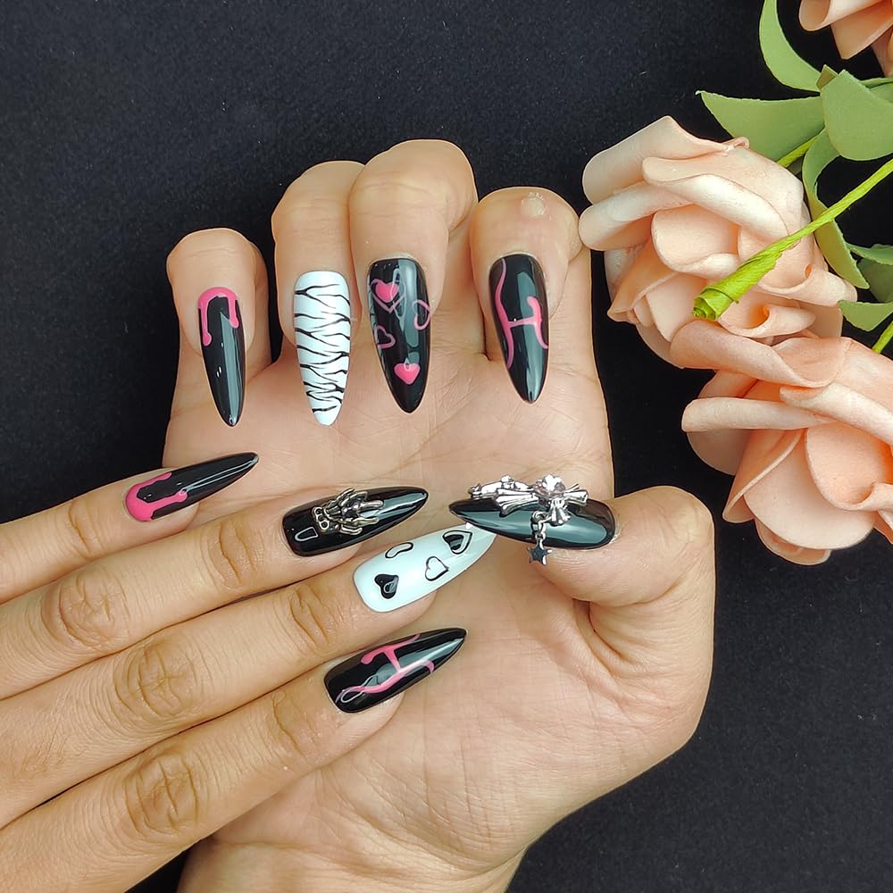 Medium Almond Press On Nails - Handmade Acrylic Eclipse Sketch Design