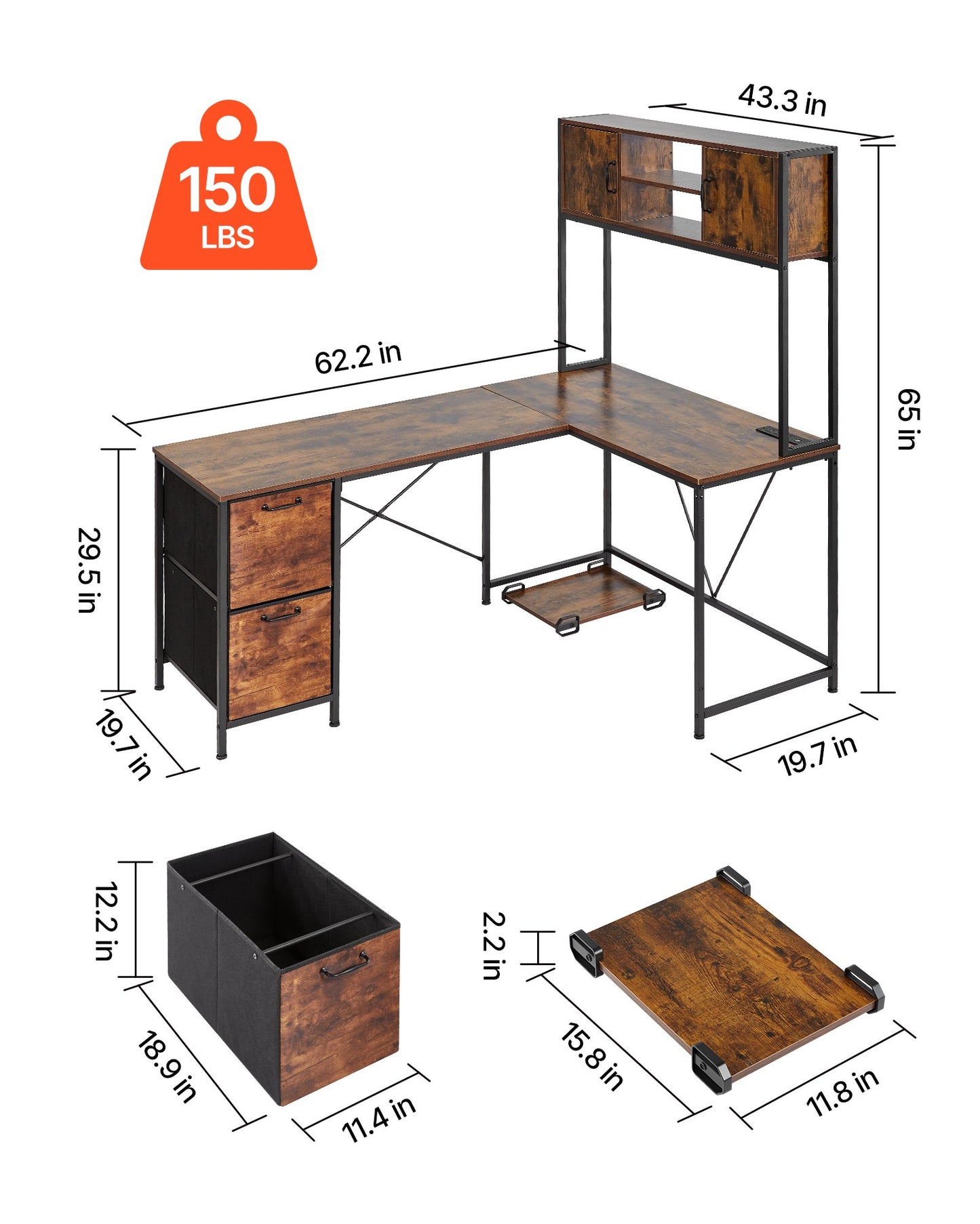 L-Shaped Gaming Desk with LED RGB Lights, Reversible Corner Computer Table, Power Outlets, Storage Drawers