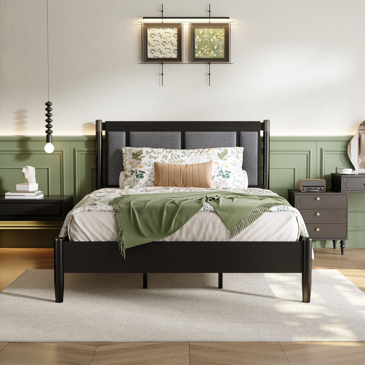 Solid Wood Queen Bed with Upholstered Headboard - Heavy Duty Support