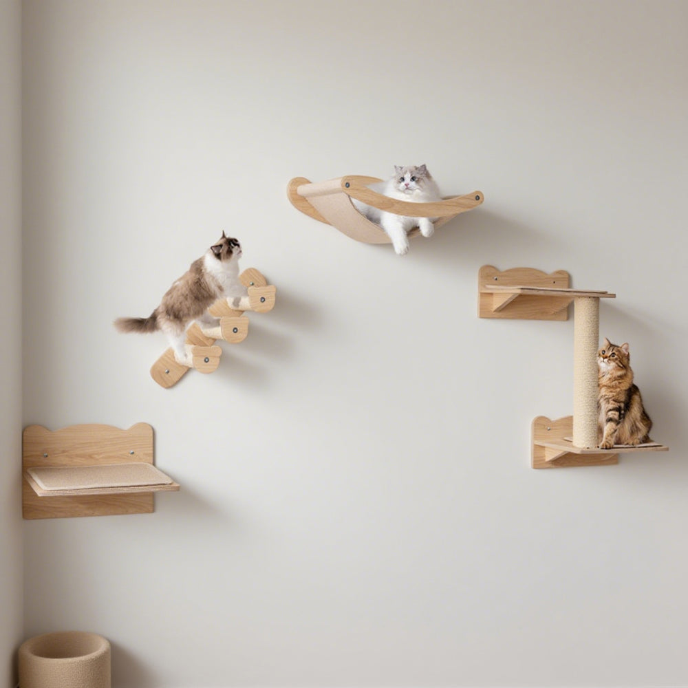 Wall-Mounted Cat Furniture Set of 4 with Hammock and Climbing Steps - Natural