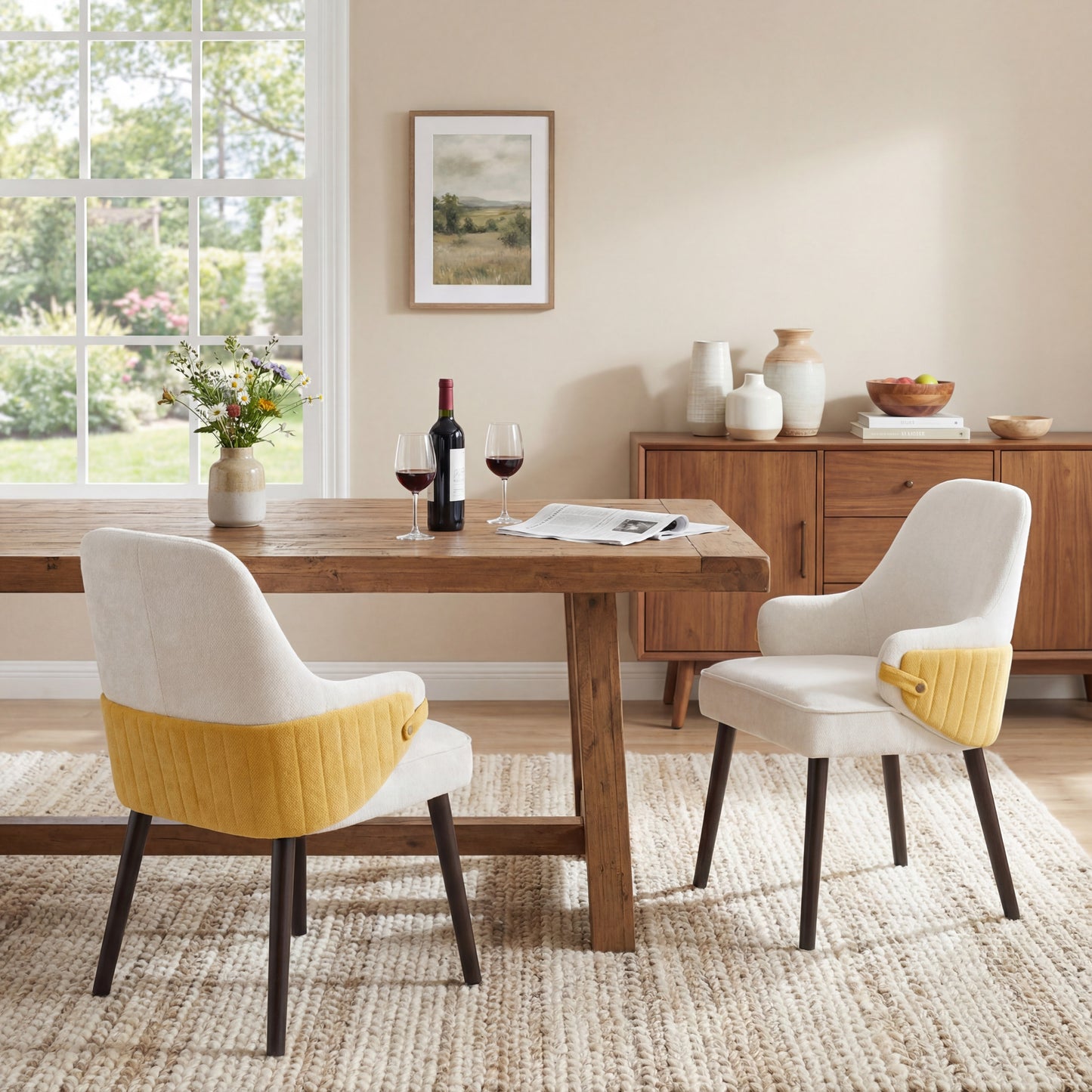 Indoor Dining Chair Set of 2 - Beige & Yellow Accent Armchairs