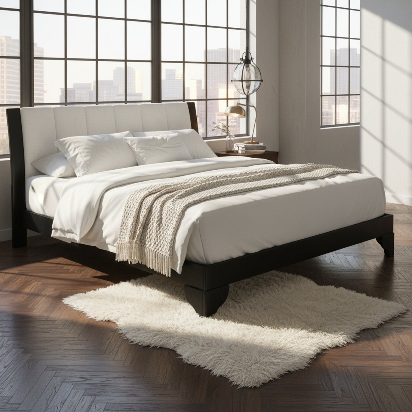 Queen Size Bed Frame - Black & White Pine, Modern Design, No Box Spring