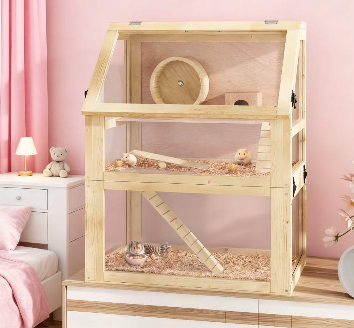 3 Tier Wooden Hamster Cage with Toys - Natural Wood Multi-Level Enclosure