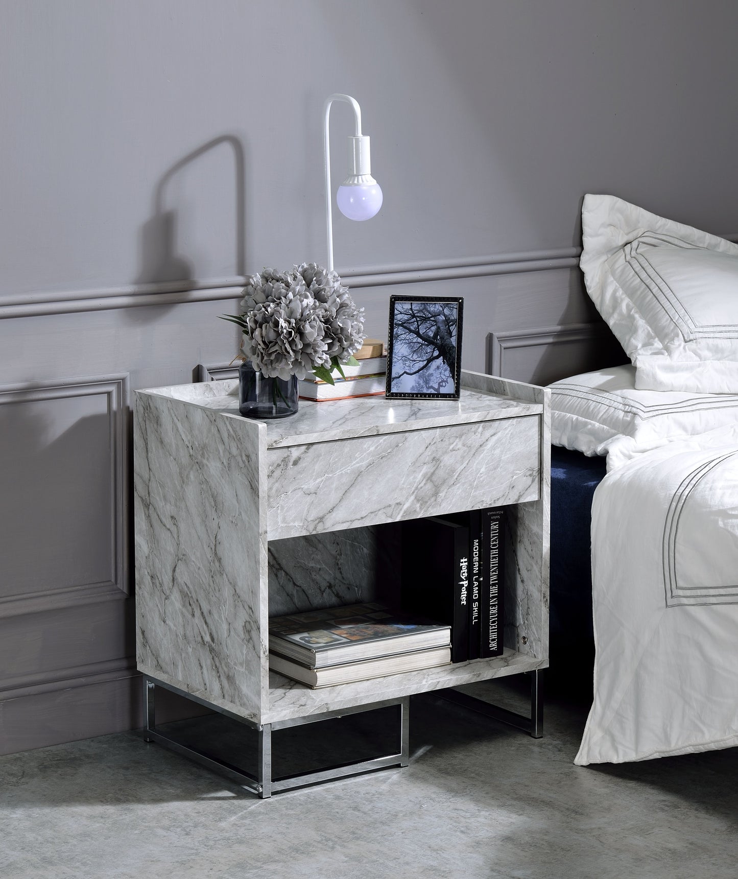 Accent Table with Faux Marble Top & Chrome Finish - White