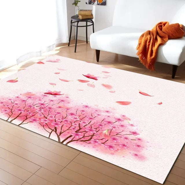 Pastel Cherry Blossom and Crescent Moon Non-Slip Flannel Floor Mat - Home Rug