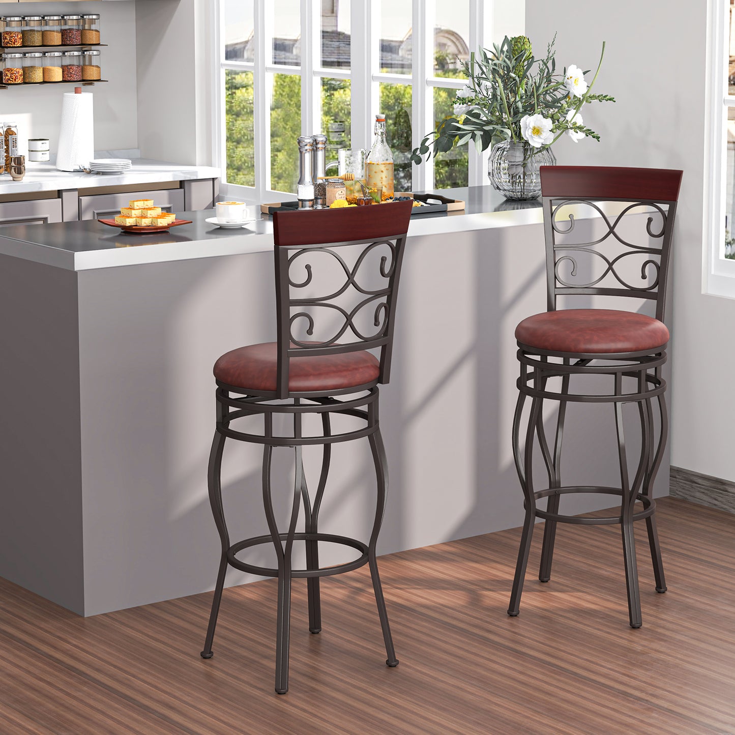 30-Inch Swivel Bar Stools with Leather Padded Seats - Brown Set of 2