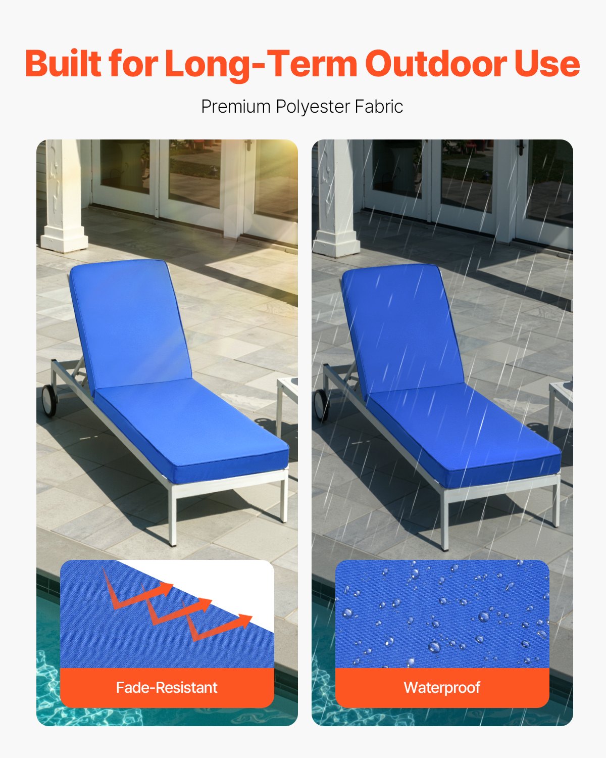 Outdoor Chaise Lounge Cushion with Ties - Waterproof Thick Support for Garden Chairs, Blue