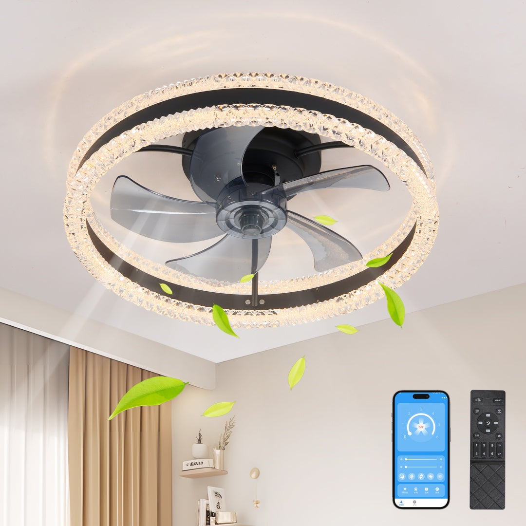 20in Modern Double Ring LED Ceiling Fan with Light Black Remote