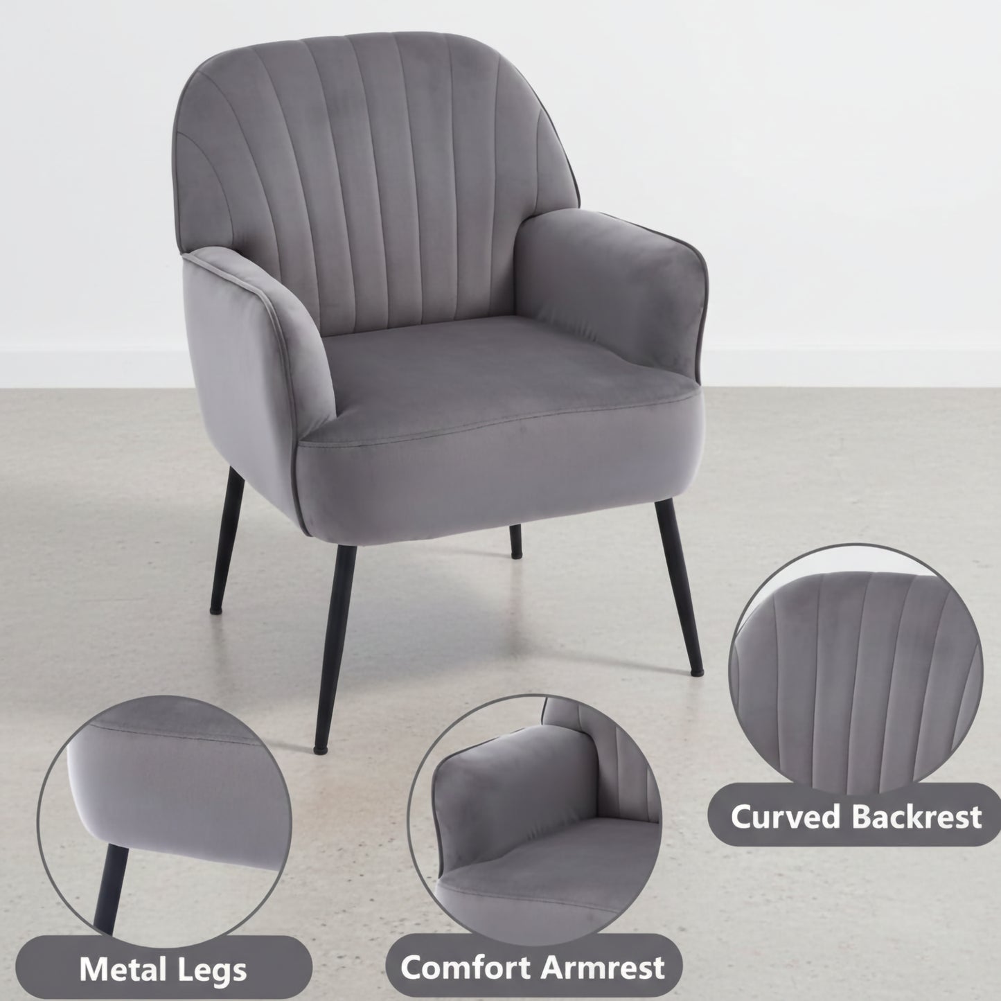 Modern Velvet Accent Chair with Metal Legs - Grey