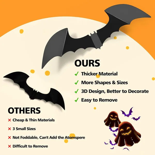 Halloween Bat Decorations - 100pcs 3D Wall Stickers for Parties