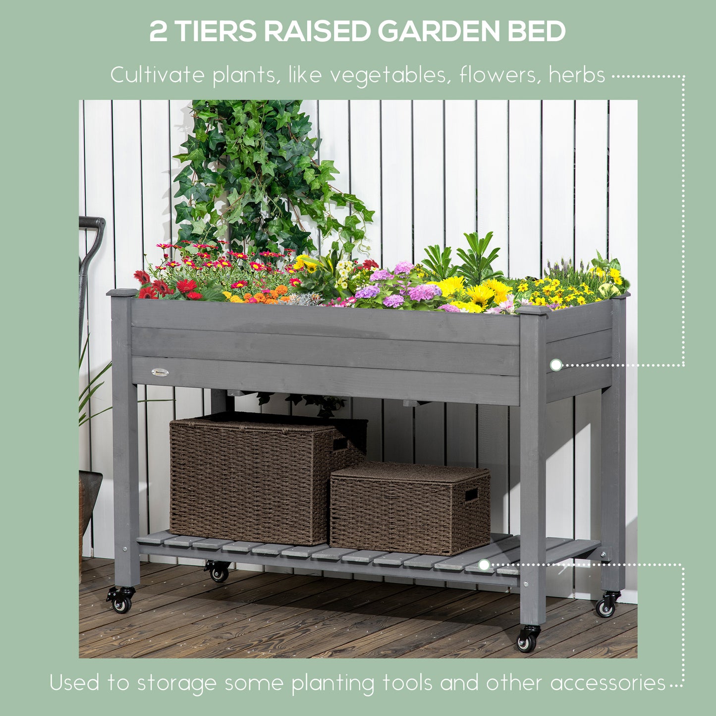 Raised Garden Bed with Lockable Wheels and Storage Shelf - Wooden Planter Box, 47x21 Inches, Dark Gray