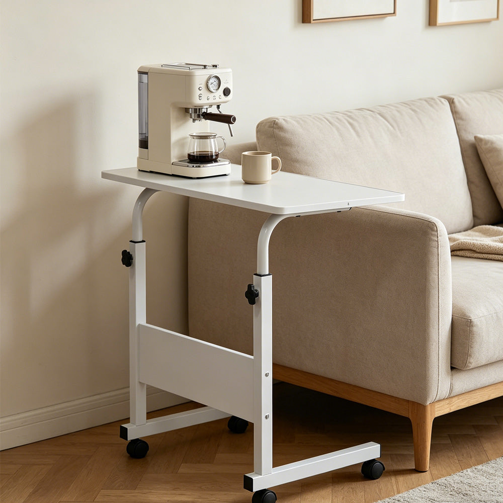 80cm Adjustable Tray Table Rolling Sofa Side Snack With Wheels