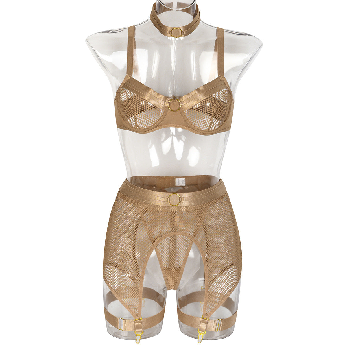 Women's Mesh Stitching Underwear Set with Garter Belt and Halterneck