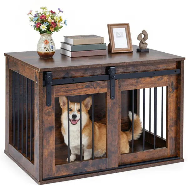 Dog Crate Furniture with Sliding Barn Door - 31.5 Inch Wooden Dog Kennel End Table - Rustic Brown