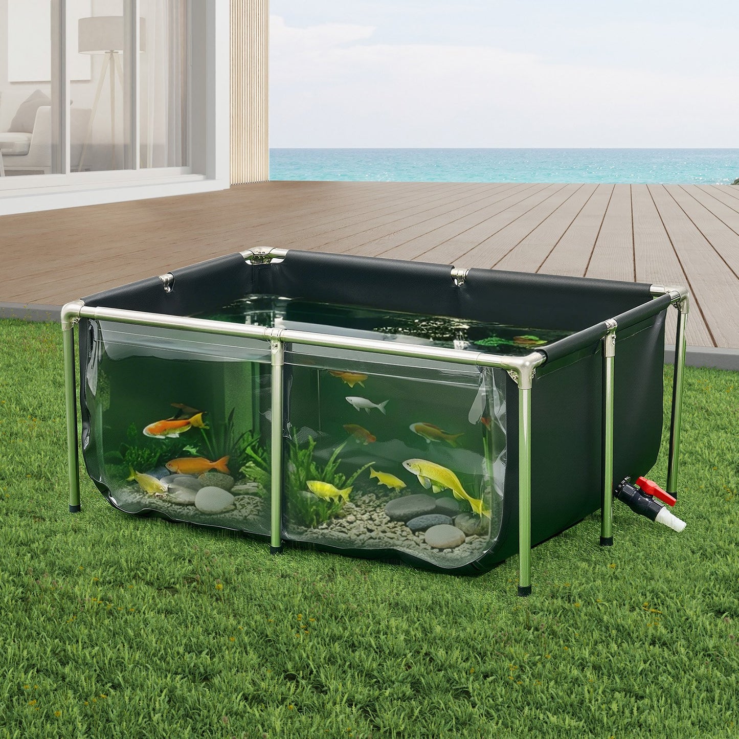 Above Ground Koi Tank - 126.8 Gallon Canvas Fish Pond with Clear View