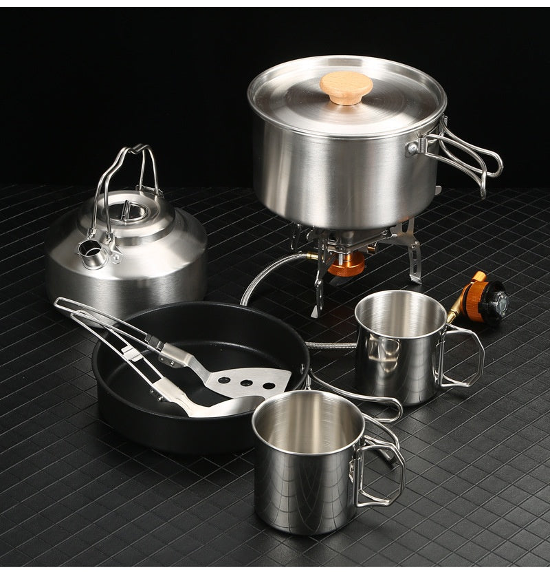 Portable Outdoor Cookware Set with Folding Pans & Windproof Gas Stove