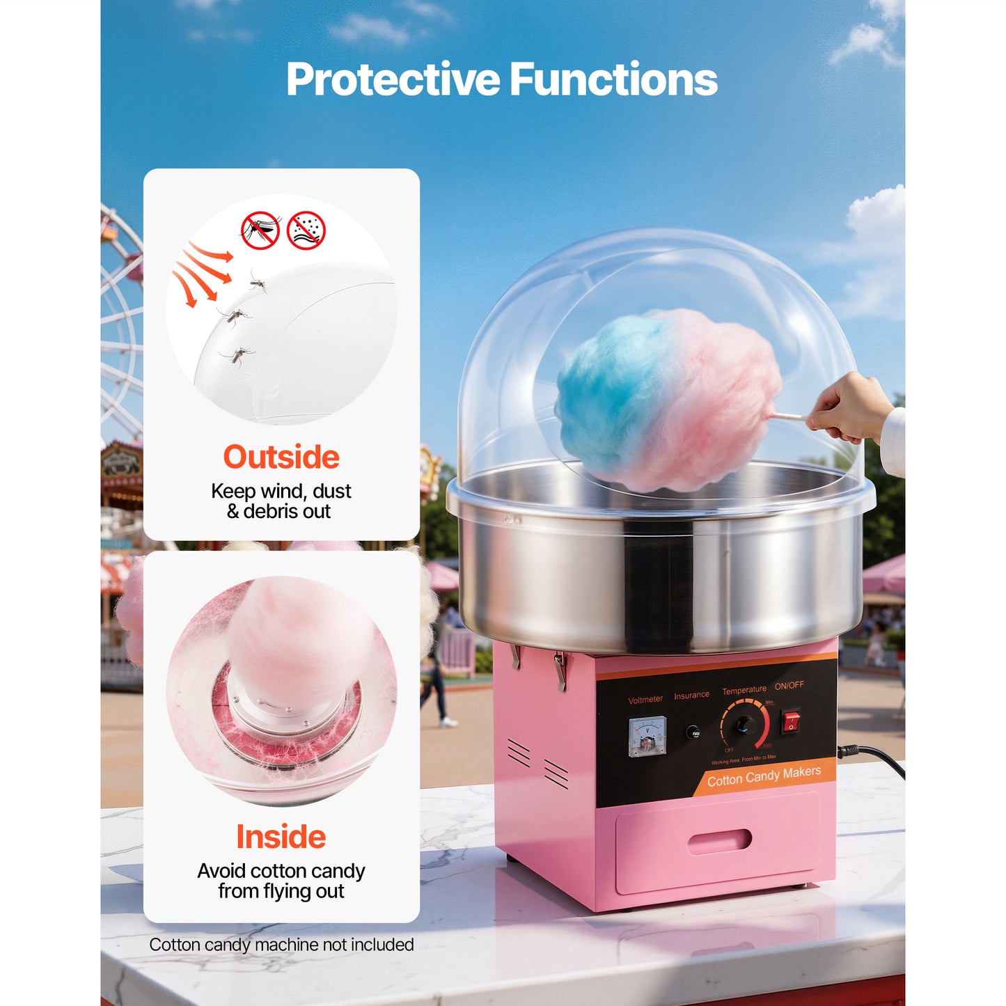 Cotton Candy Machine Cover with Transparent Acrylic Dome Bubble Shield - Fits 20.5in Bowl