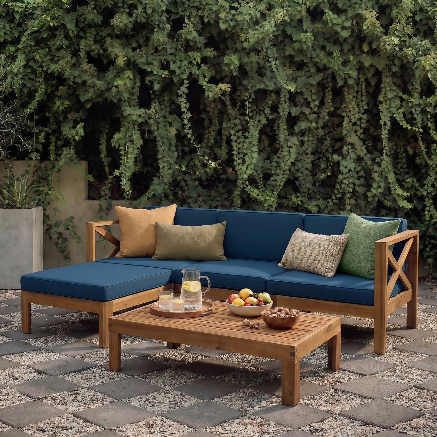Dark Teal L-Shaped Sofa Set - Acacia Wood, Seats 4