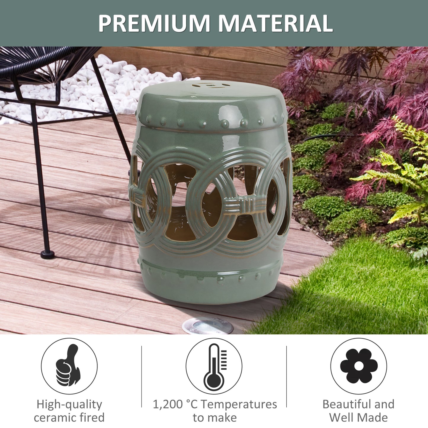 Ceramic Garden Stool with Double-Coin Design - Green
