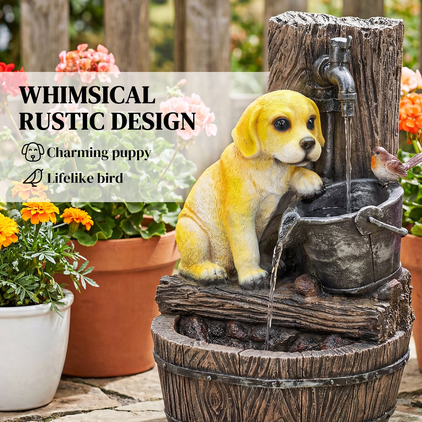 22-Inch Outdoor Fountain with Puppy Theme, Resin Garden Water Feature with LED Lights