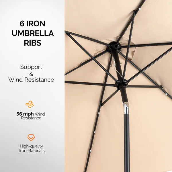 9ft Solar Patio Umbrella with LED Lights - Waterproof Beige