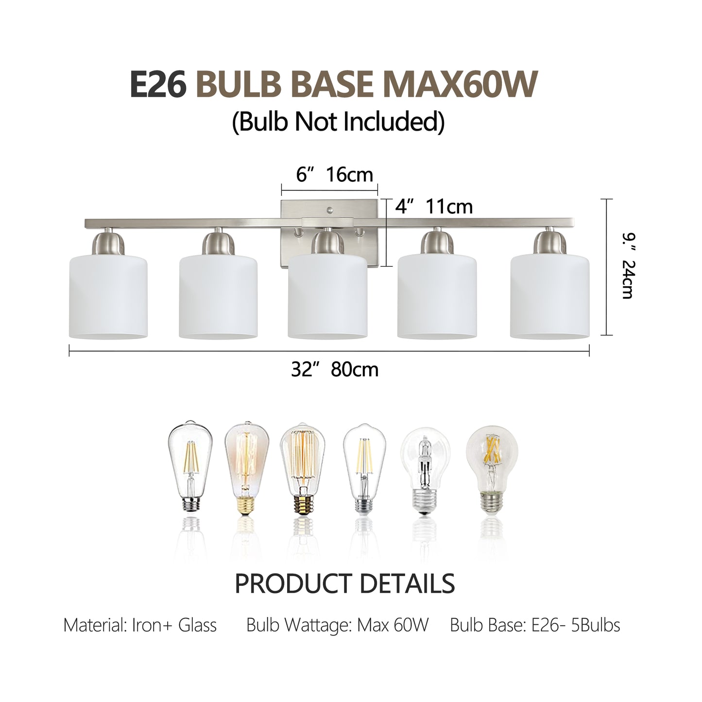 5-Light Brushed Nickel Bathroom Vanity Light Fixture - Modern Design with Milky White Glass Shades