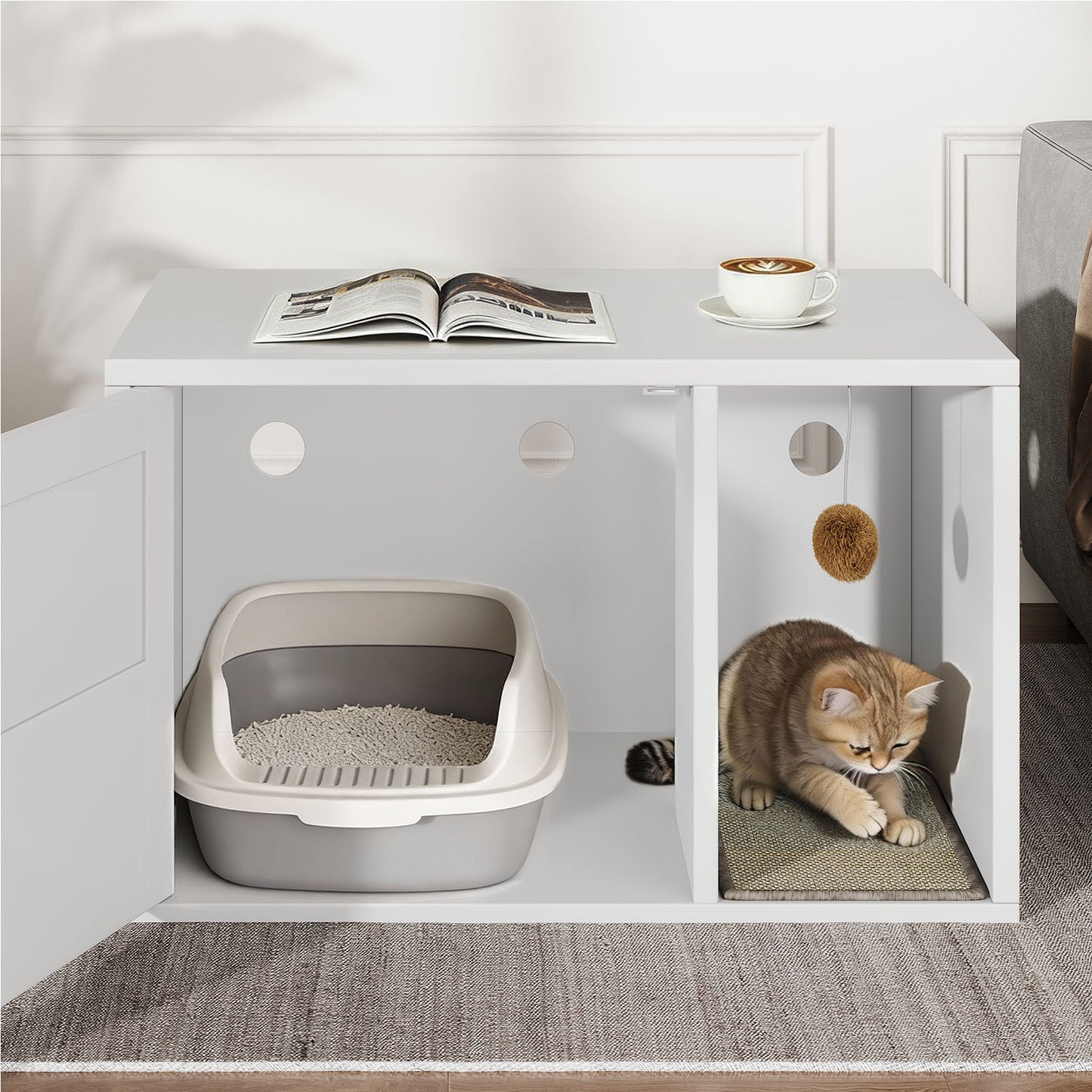 Multifunctional Cat Litter Box Cabinet with Odor Control & Side Table - White