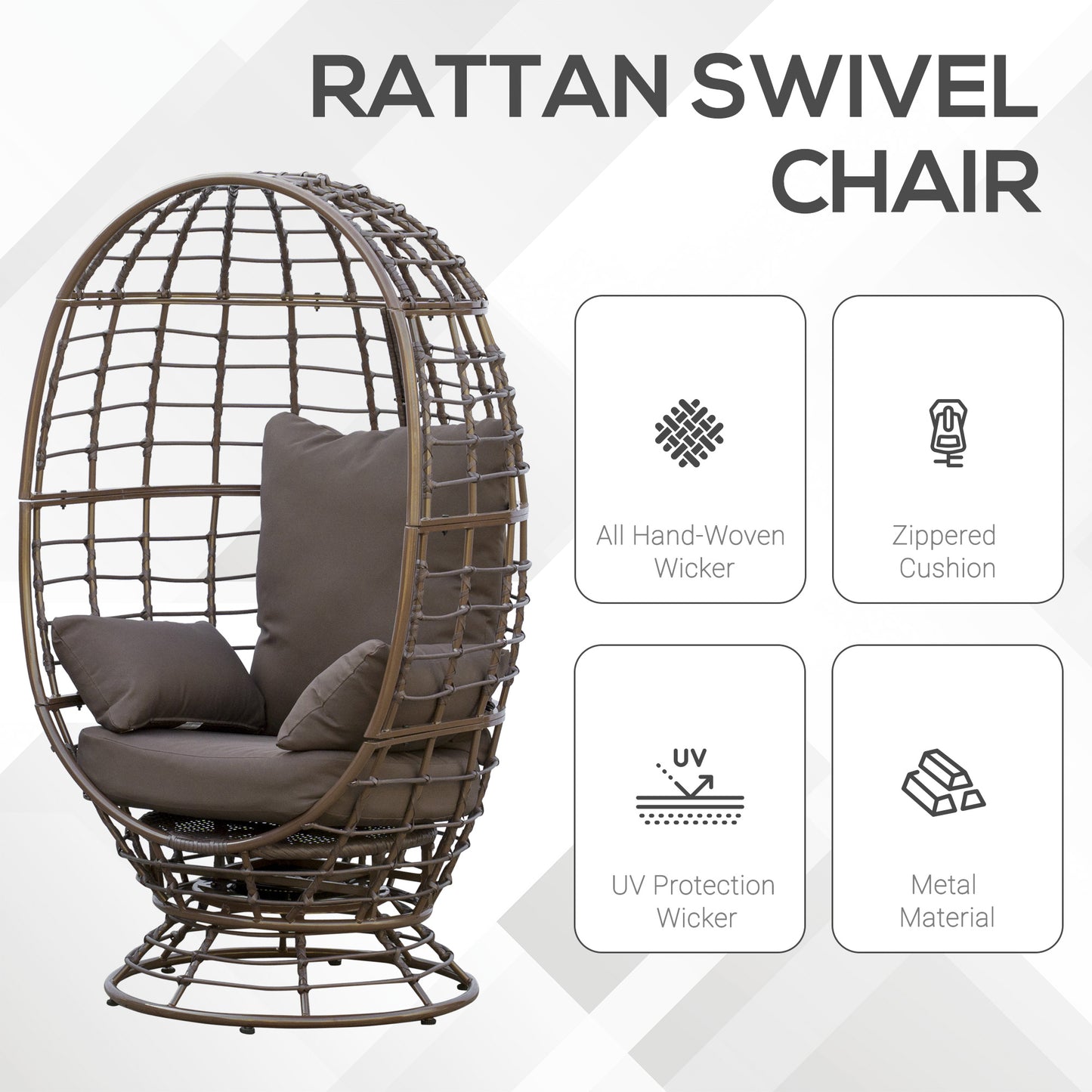360° Rotating Wicker Egg Chair - All-Weather Brown Rattan Seat