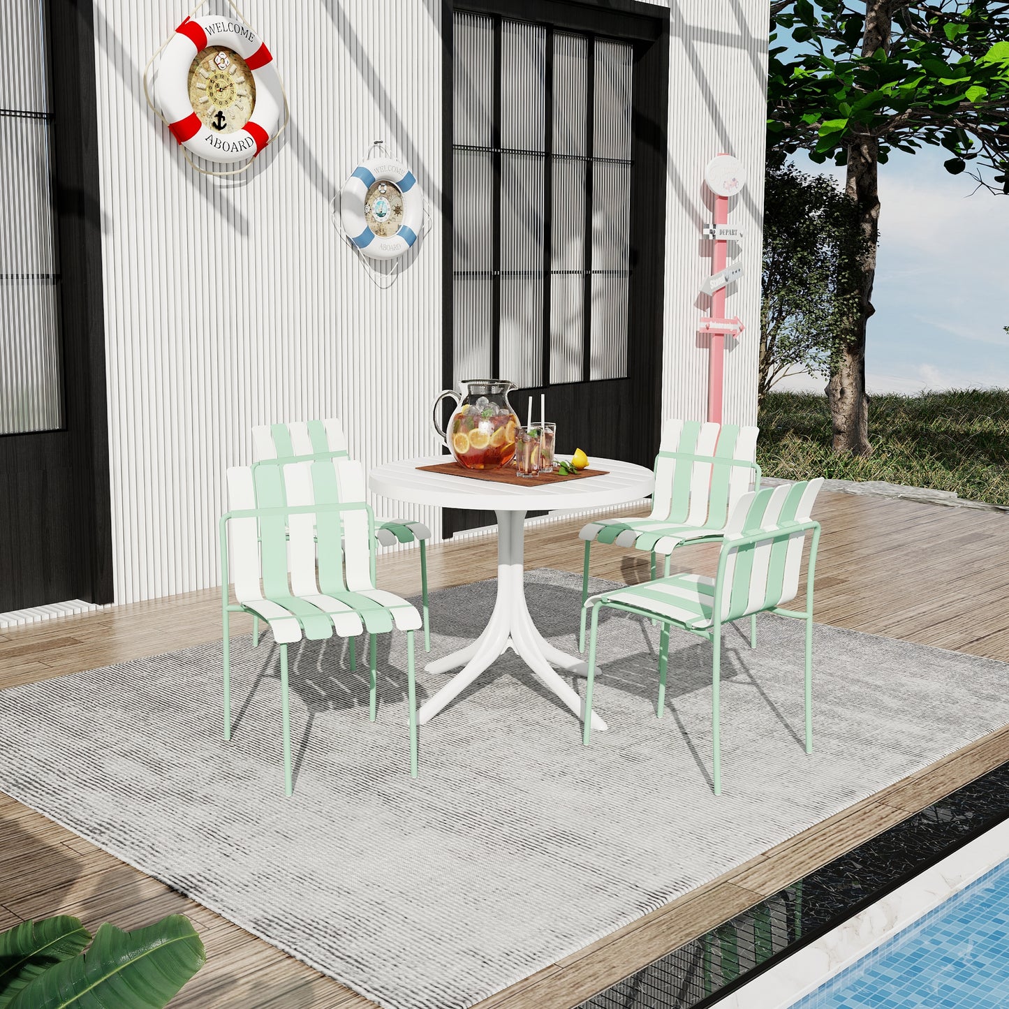 Modern Striped Color Block Chairs 4-Pack with Round Table - Waterproof