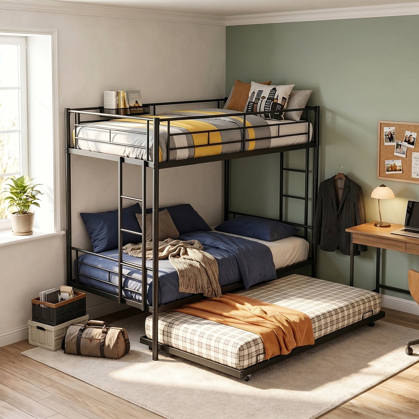 Twin Over Twin Bunk Bed with Trundle, Safety Rails & Dual Ladder