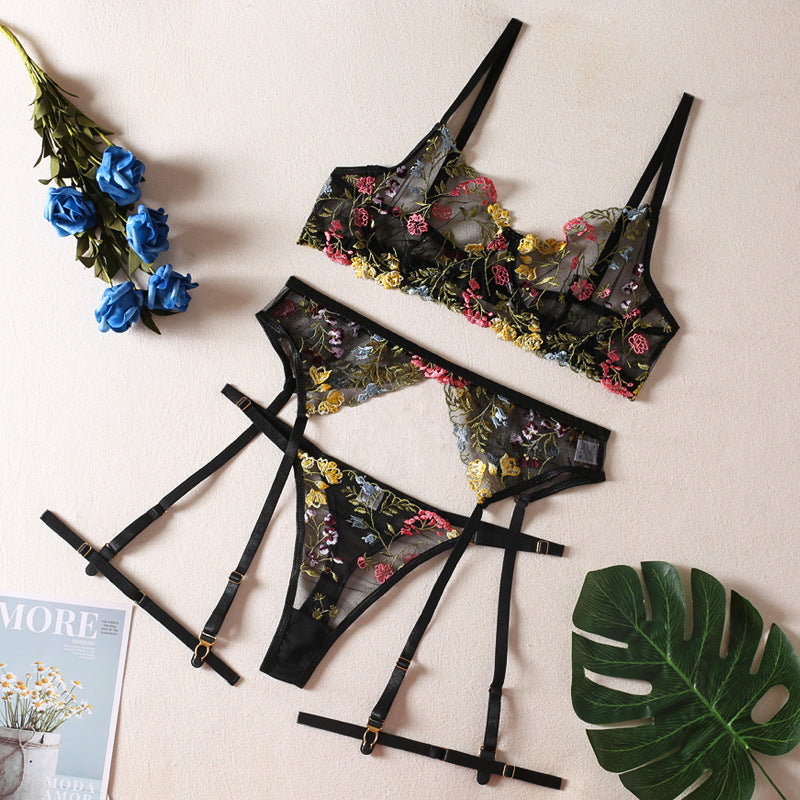 Women's Floral Lingerie Garter Set with Panty, Garter Belt & Leg Rings