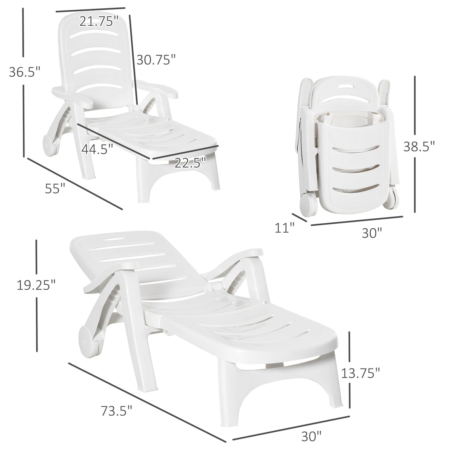 Adjustable Outdoor Chaise Lounge Chair with Wheels - White