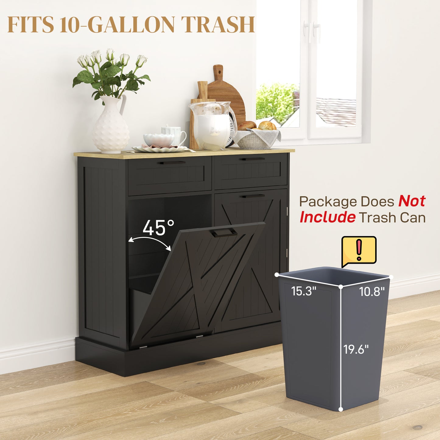 Tilt-Out Trash Can Cabinet with 2 Drawers - Black Farmhouse Style