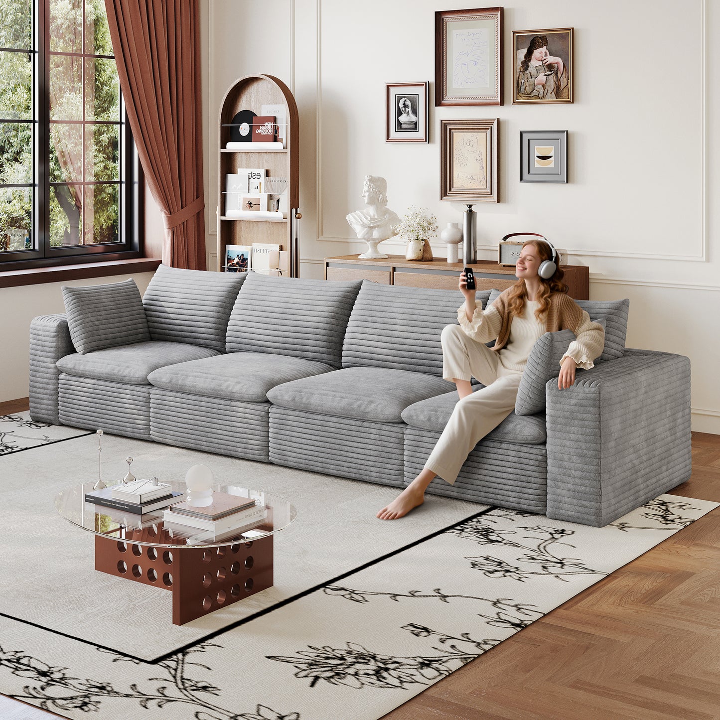 134" Cloud Sofa - Corduroy Fabric, Deep Seat, Removable Cushion, Grey